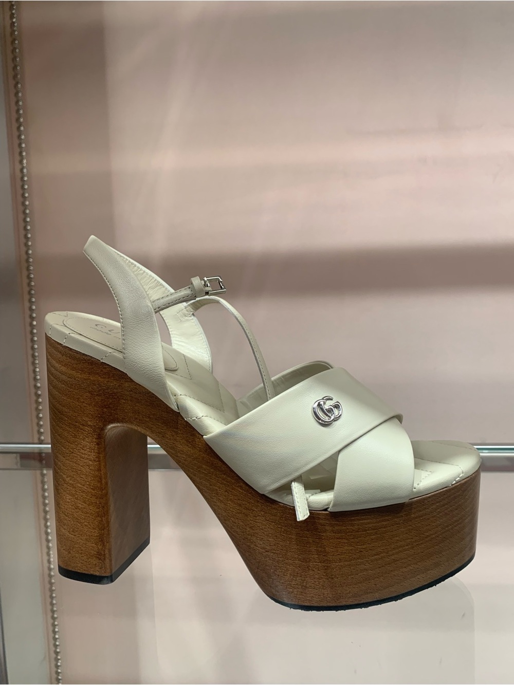 Gucci White Leather Platform Sandal with Wood-Effect Heel